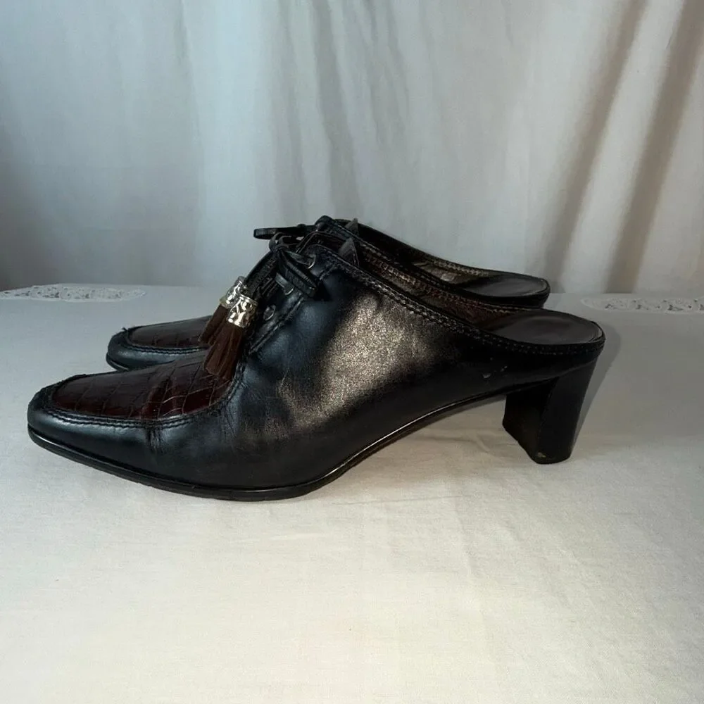 Vintage Brighton Tassle Mules‎ 8.5M Croc Embossed Black Brown Leather Heels Boho